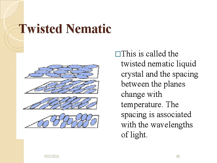 Twisted Nematic �This is called the twisted nematic liquid crystal and the spacing between