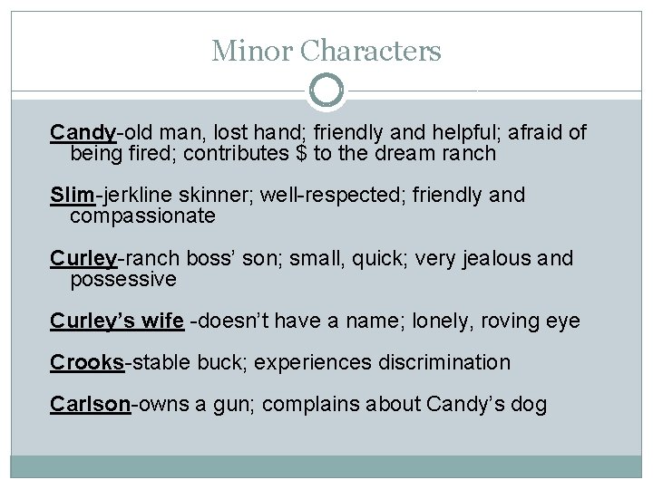 Minor Characters Candy-old man, lost hand; friendly and helpful; afraid of being fired; contributes