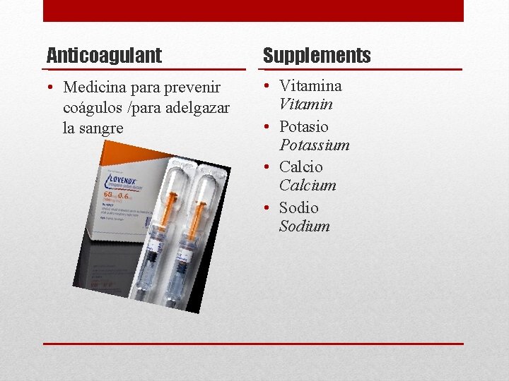 Anticoagulant Supplements • Medicina para prevenir coágulos /para adelgazar la sangre • Vitamina Vitamin