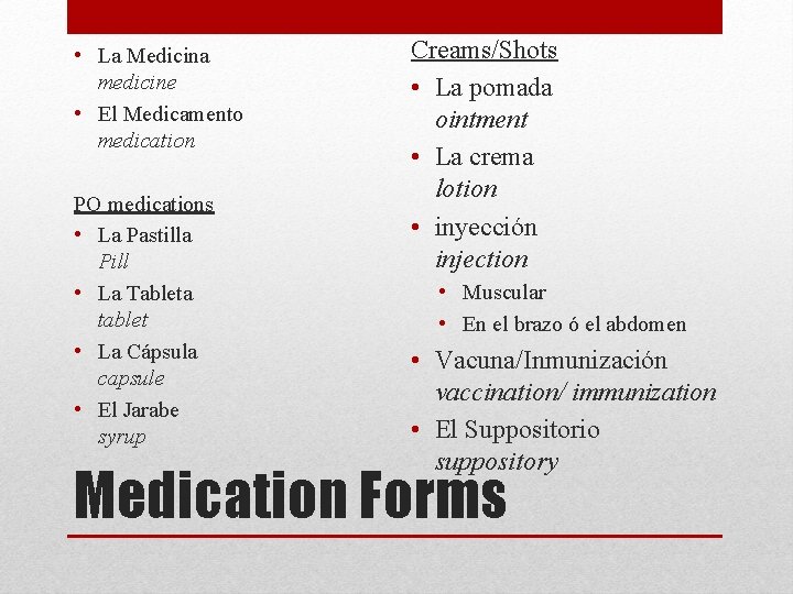  • La Medicina medicine • El Medicamento medication PO medications • La Pastilla