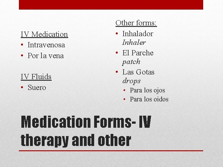 IV Medication • Intravenosa • Por la vena IV Fluids • Suero Other forms: