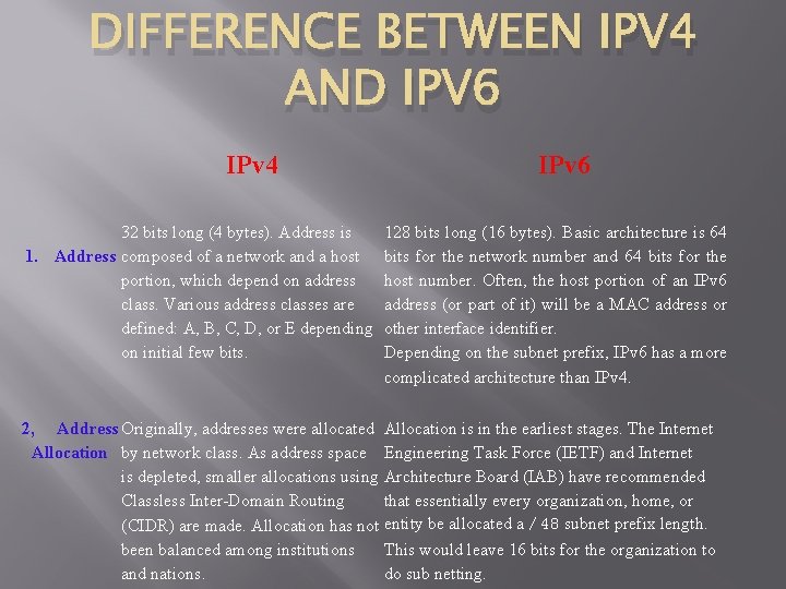 DIFFERENCE BETWEEN IPV 4 AND IPV 6 IPv 4 32 bits long (4 bytes).
