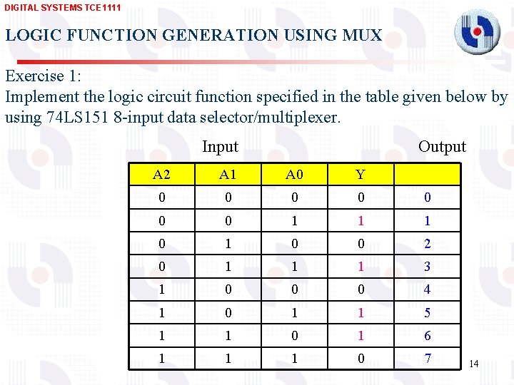 DIGITAL SYSTEMS TCE 1111 LOGIC FUNCTION GENERATION USING MUX Exercise 1: Implement the logic