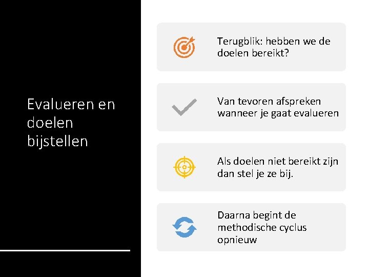 Terugblik: hebben we de doelen bereikt? Evalueren en doelen bijstellen Van tevoren afspreken wanneer