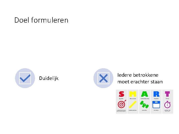 Doel formuleren Duidelijk Iedere betrokkene moet erachter staan 