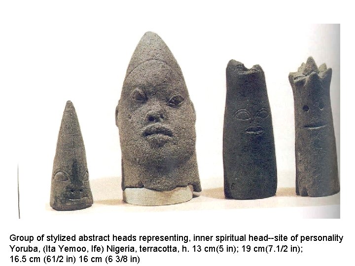 Group of stylized abstract heads representing, inner spiritual head--site of personality Yoruba, (Ita Yemoo,