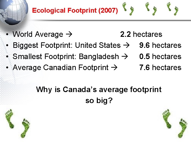 Ecological Footprint (2007) • • World Average 2. 2 hectares Biggest Footprint: United States