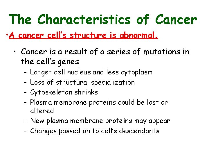 The Characteristics of Cancer • A cancer cell’s structure is abnormal. • Cancer is