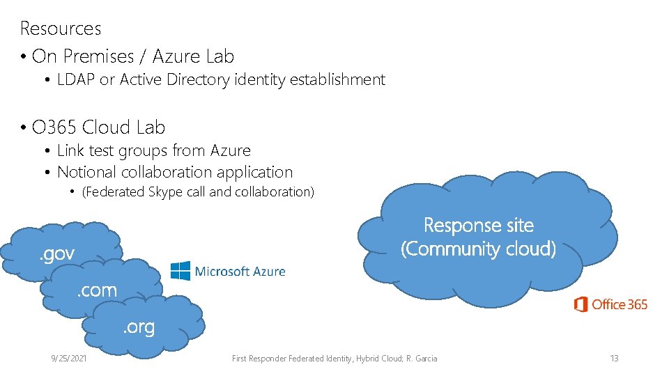 Resources • On Premises / Azure Lab • LDAP or Active Directory identity establishment