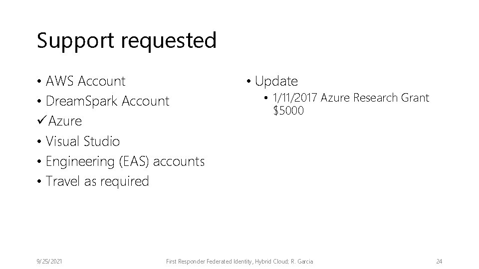 Support requested • AWS Account • Dream. Spark Account üAzure • Visual Studio •