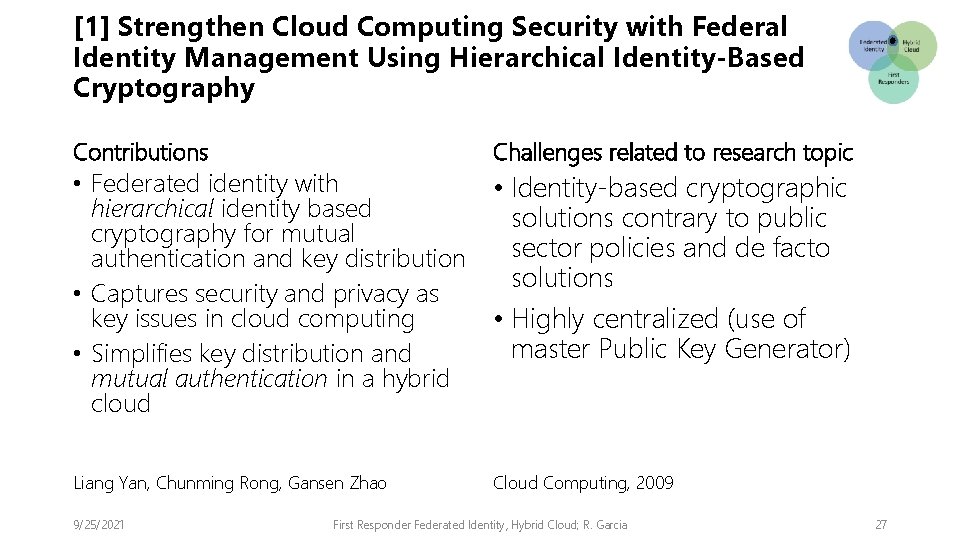 [1] Strengthen Cloud Computing Security with Federal Identity Management Using Hierarchical Identity-Based Cryptography Contributions