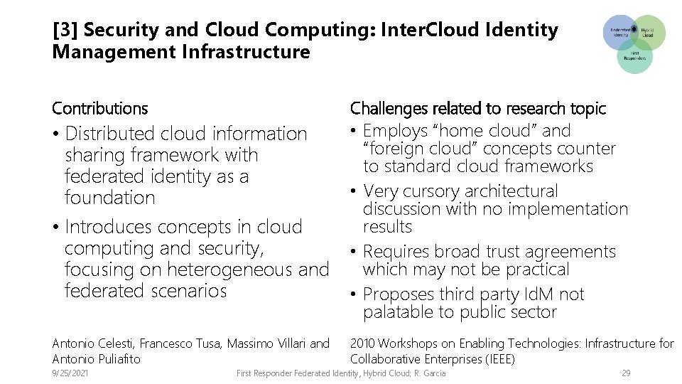 [3] Security and Cloud Computing: Inter. Cloud Identity Management Infrastructure Contributions Challenges related to