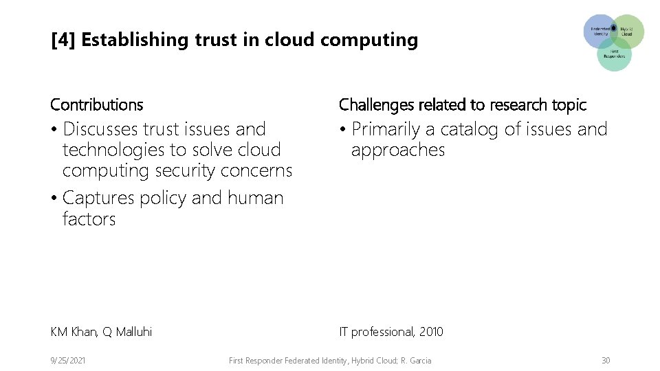 [4] Establishing trust in cloud computing Contributions Challenges related to research topic • Discusses