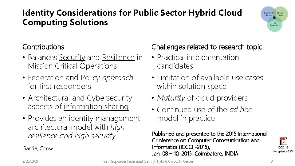 Identity Considerations for Public Sector Hybrid Cloud Computing Solutions Contributions Challenges related to research