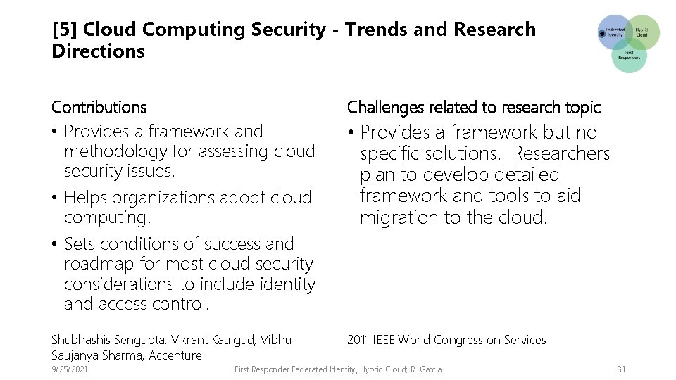 [5] Cloud Computing Security - Trends and Research Directions Contributions Challenges related to research