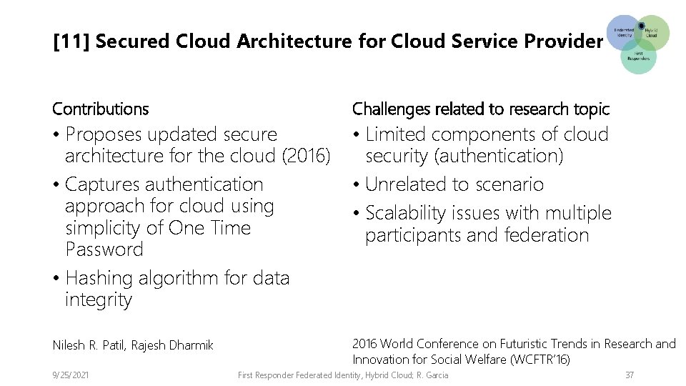 [11] Secured Cloud Architecture for Cloud Service Provider Contributions Challenges related to research topic