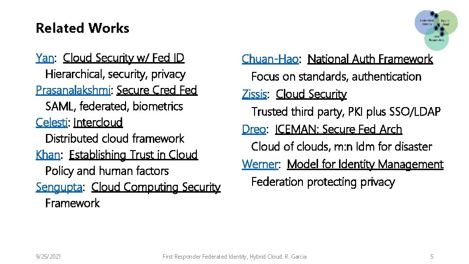 Related Works Yan: Cloud Security w/ Fed ID Hierarchical, security, privacy Prasanalakshmi: Secure Cred
