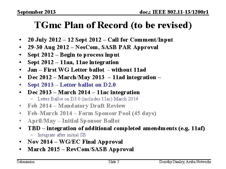 September 2013 doc. : IEEE 802. 11 -13/1200 r 1 TGmc Plan of Record