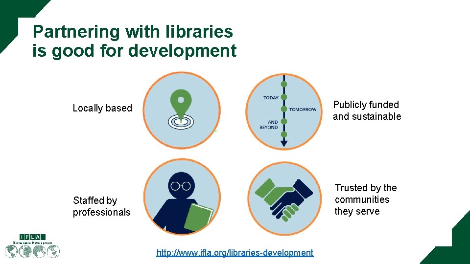 Partnering with libraries is good for development Publicly funded and sustainable Locally based Trusted