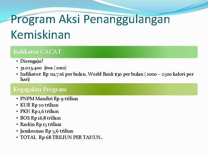 Program Aksi Penanggulangan Kemiskinan Indikator CACAT • Disengaja? • 31. 023. 400 jiwa (2010)