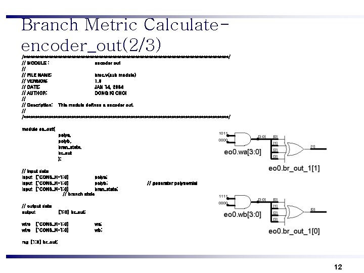 Branch Metric Calculateencoder_out(2/3) /*********************************************/ // MODULE : encoder out // // FILE NAME: bmc.