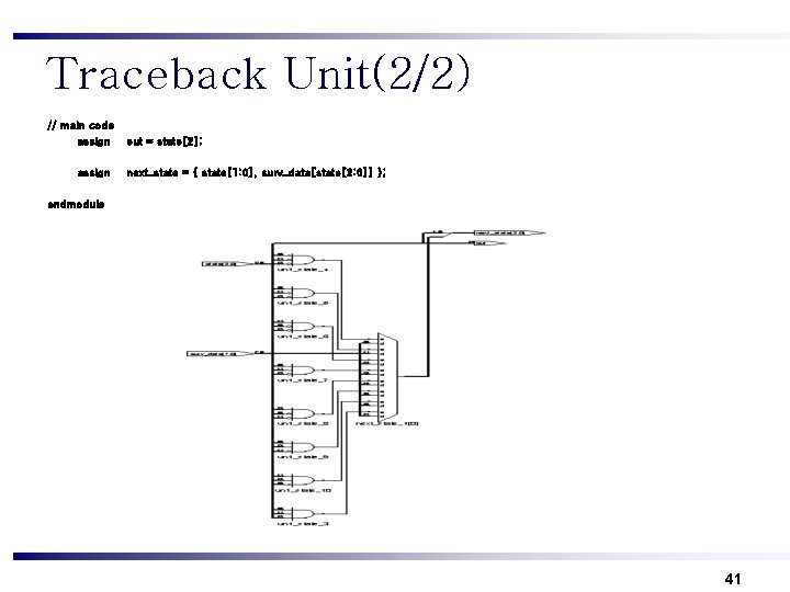 Traceback Unit(2/2) // main code assign out = state[2]; next_state = { state[1: 0],