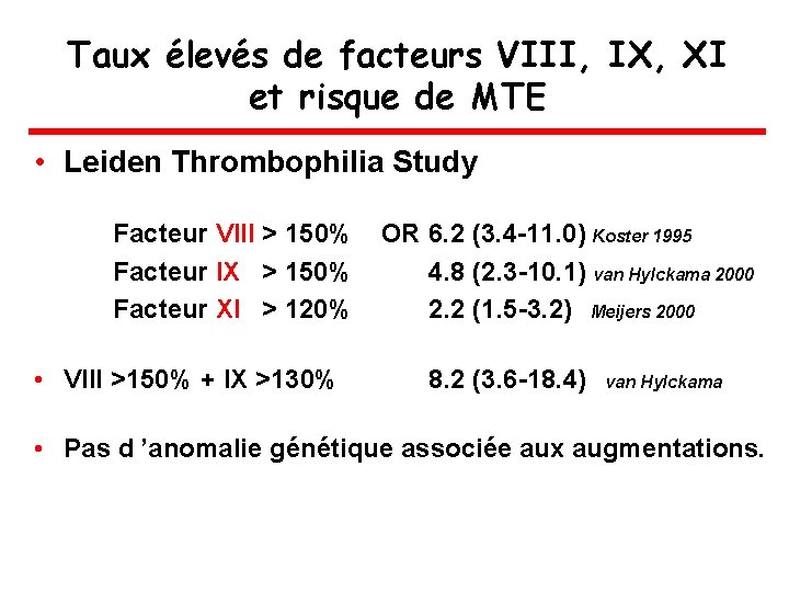 Taux élevés de facteurs VIII, IX, XI et risque de MTE • Leiden Thrombophilia