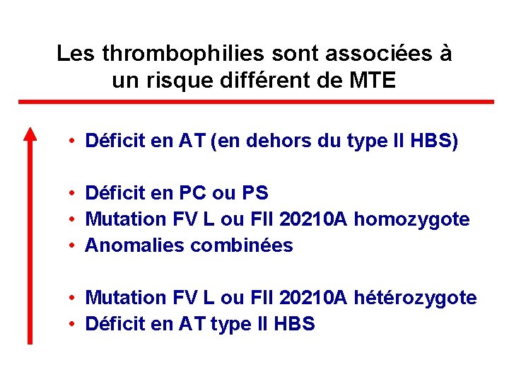 Les thrombophilies sont associées à un risque différent de MTE • Déficit en AT