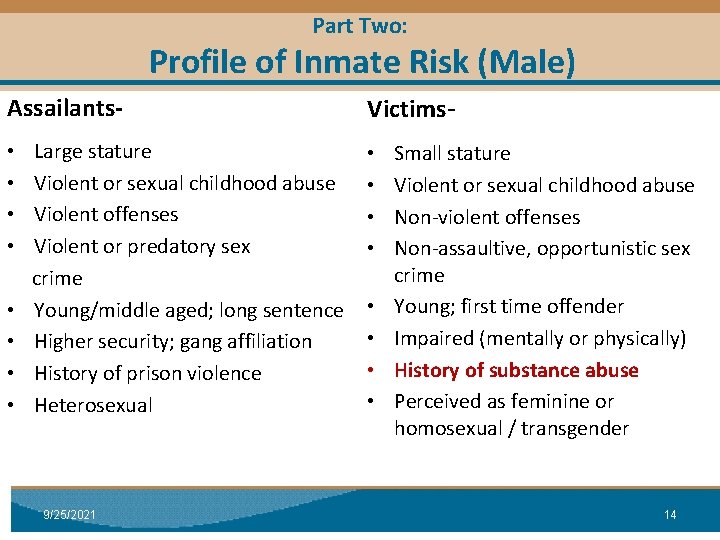 Part Two: Profile of Inmate Risk (Male) Module I: Research Assailants • • Large