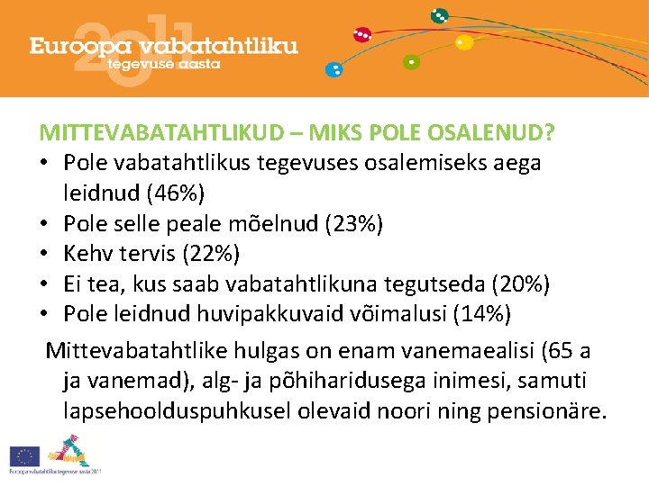 MITTEVABATAHTLIKUD – MIKS POLE OSALENUD? • Pole vabatahtlikus tegevuses osalemiseks aega leidnud (46%) •