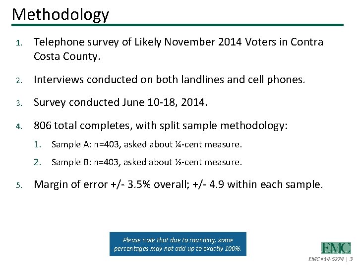 Methodology 1. Telephone survey of Likely November 2014 Voters in Contra Costa County. 2.