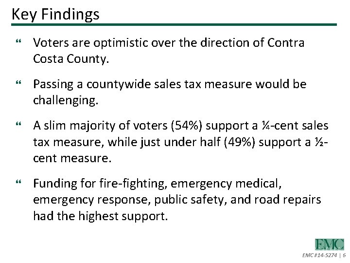 Key Findings Voters are optimistic over the direction of Contra Costa County. Passing a