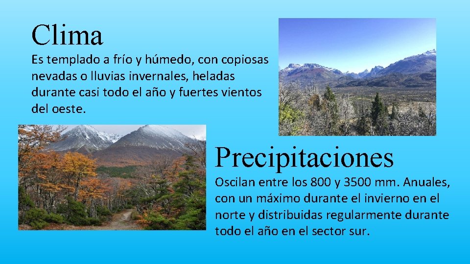Clima Es templado a frío y húmedo, con copiosas nevadas o lluvias invernales, heladas
