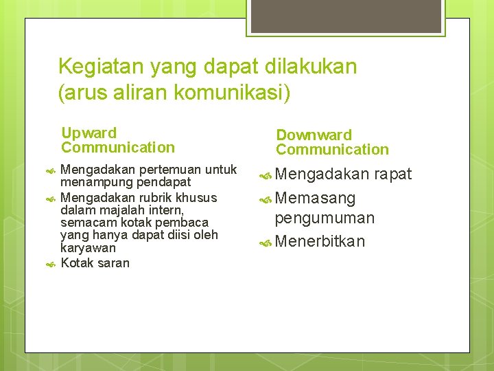 Kegiatan yang dapat dilakukan (arus aliran komunikasi) Upward Communication Mengadakan pertemuan untuk menampung pendapat Kegiatan yang dapat dilakukan (arus aliran komunikasi) Upward Communication Mengadakan pertemuan untuk menampung pendapat