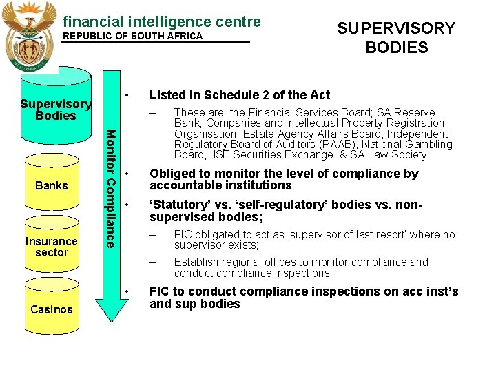 financial intelligence centre REPUBLIC OF SOUTH AFRICA • Supervisory Bodies Insurance sector These are: