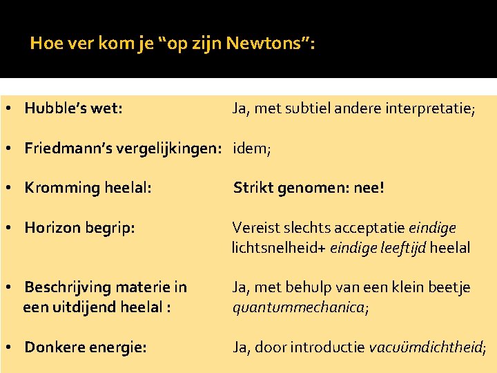 Hoe ver kom je “op zijn Newtons”: • Hubble’s wet: Ja, met subtiel andere