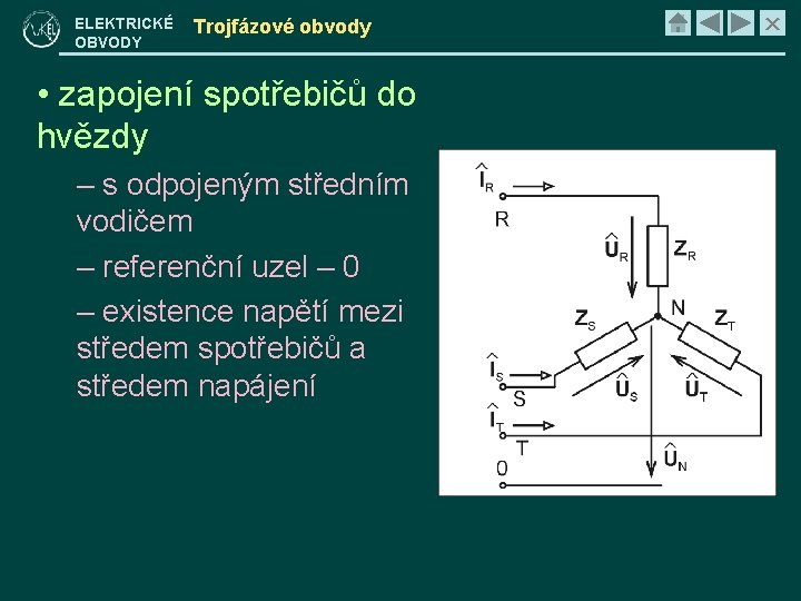 ELEKTRICKÉ OBVODY Trojfázové obvody • zapojení spotřebičů do hvězdy – s odpojeným středním vodičem