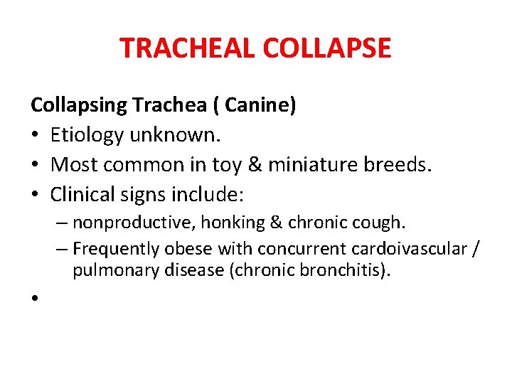 TRACHEAL COLLAPSE Collapsing Trachea ( Canine) • Etiology unknown. • Most common in toy