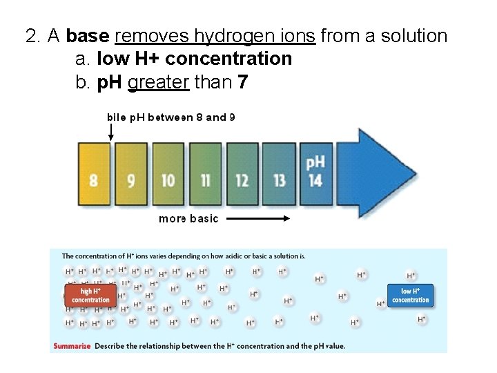 2. A base removes hydrogen ions from a solution a. low H+ concentration b.