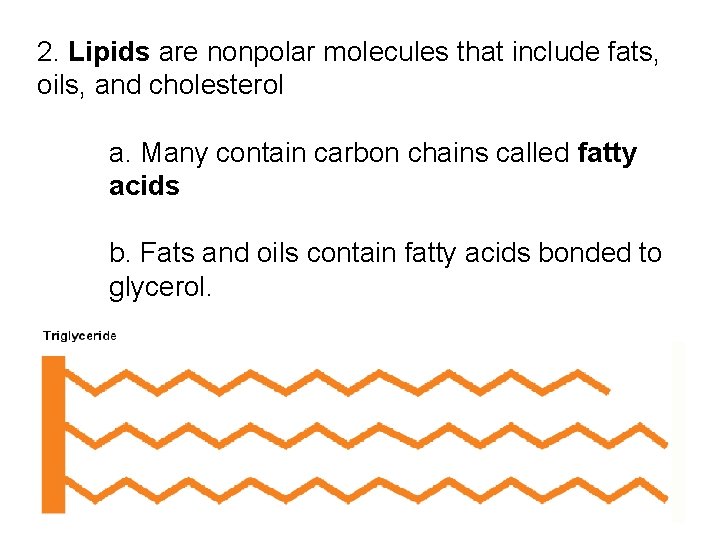 2. Lipids are nonpolar molecules that include fats, oils, and cholesterol a. Many contain