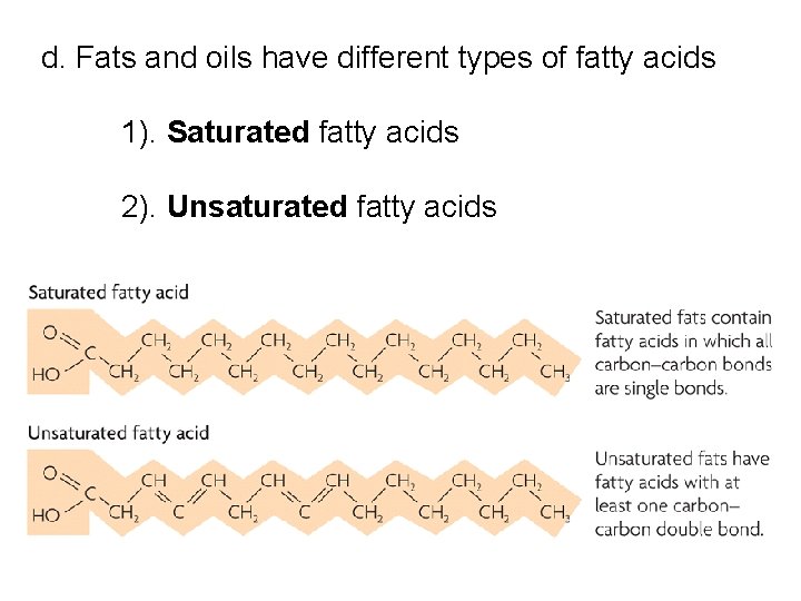 d. Fats and oils have different types of fatty acids 1). Saturated fatty acids