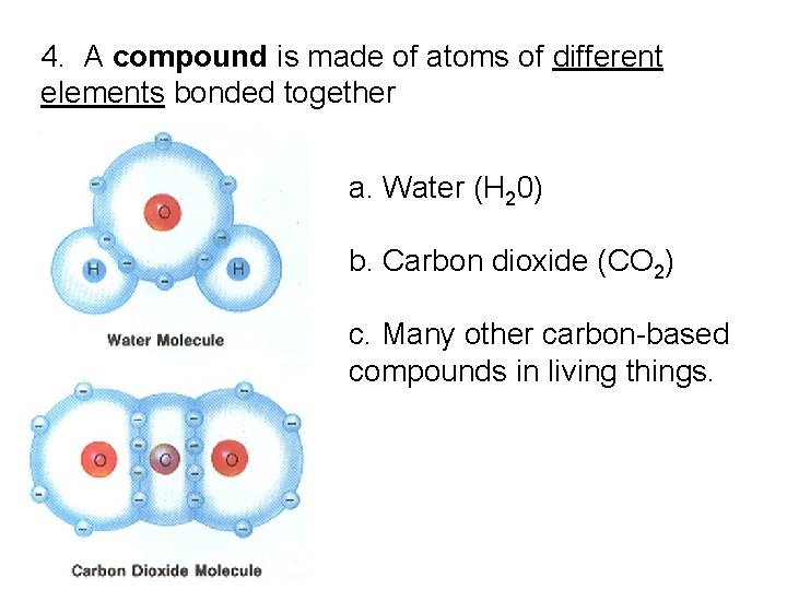 4. A compound is made of atoms of different elements bonded together a. Water