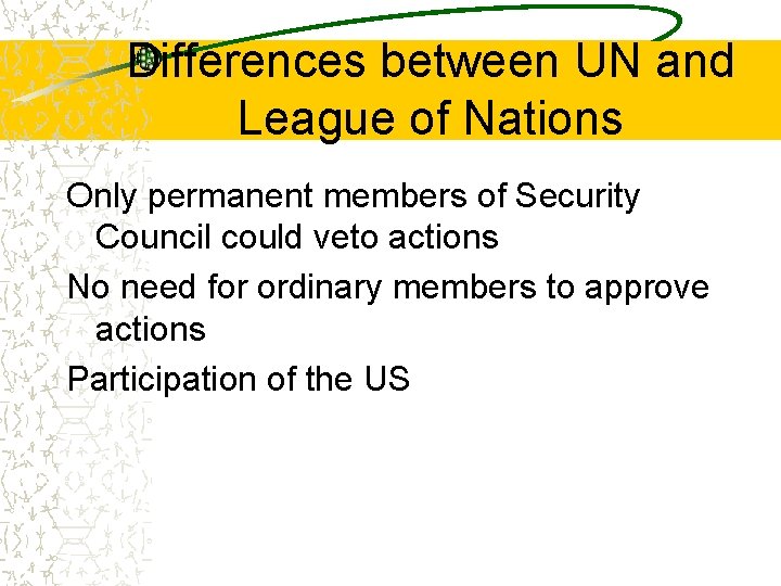 Differences between UN and League of Nations Only permanent members of Security Council could