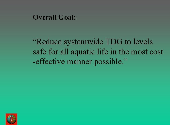 Overall Goal: “Reduce systemwide TDG to levels safe for all aquatic life in the