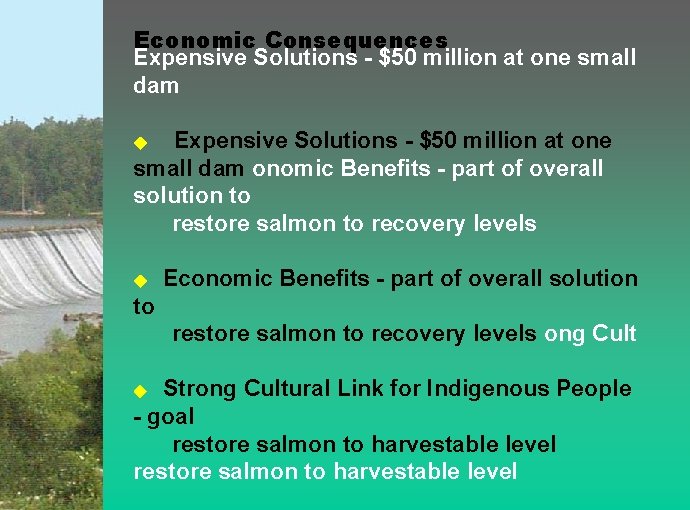 Economic Consequences Expensive Solutions - $50 million at one small dam onomic Benefits -