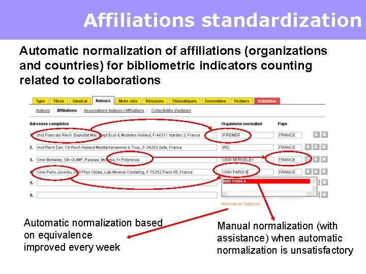Affiliations standardization Automatic normalization of affiliations (organizations and countries) for bibliometric indicators counting related