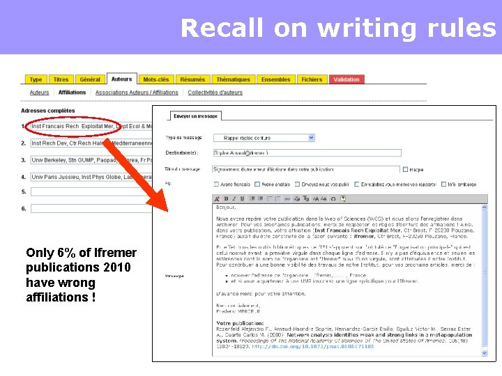 Recall on writing rules Only 6% of Ifremer publications 2010 have wrong affiliations !