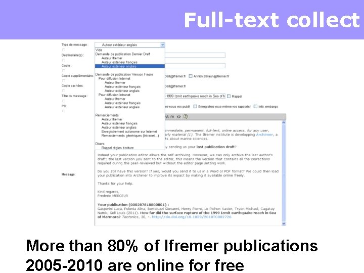 Full-text collect More than 80% of Ifremer publications 2005 -2010 are online for free