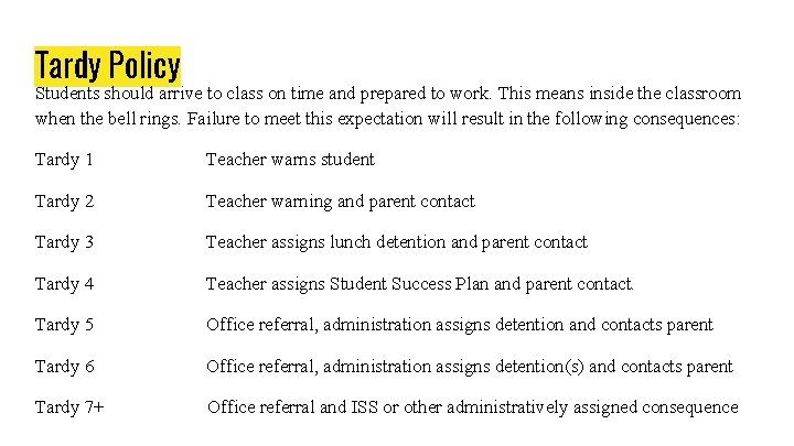 Tardy Policy Students should arrive to class on time and prepared to work. This