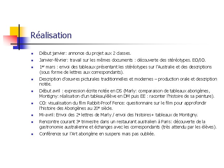 Réalisation Début janvier: annonce du projet aux 2 classes. Janvier-février: travail sur les mêmes